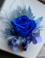 Load image into Gallery viewer, Mini preserved rose corsage &amp; buttonhole – royal blue and blue – school formal
