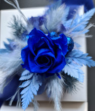 Load image into Gallery viewer, Mini preserved rose corsage &amp; buttonhole – royal blue and blue – school formal
