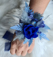Load image into Gallery viewer, Mini preserved rose corsage &amp; buttonhole – royal blue and blue – school formal
