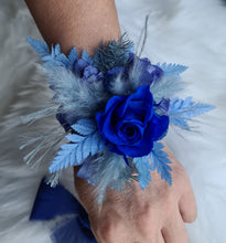 Load image into Gallery viewer, Mini preserved rose corsage &amp; buttonhole – royal blue and blue – school formal
