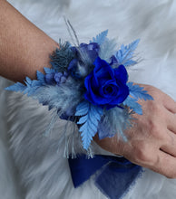Load image into Gallery viewer, Mini preserved rose corsage &amp; buttonhole – royal blue and blue – school formal
