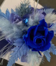 Load image into Gallery viewer, Mini preserved rose corsage &amp; buttonhole – royal blue and blue – school formal
