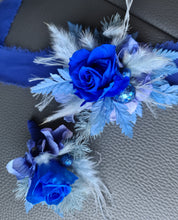 Load image into Gallery viewer, Mini preserved rose corsage &amp; buttonhole – royal blue and blue – school formal
