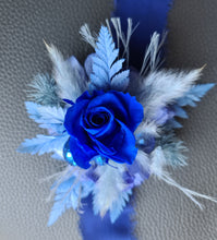 Load image into Gallery viewer, Mini preserved rose corsage &amp; buttonhole – royal blue and blue – school formal
