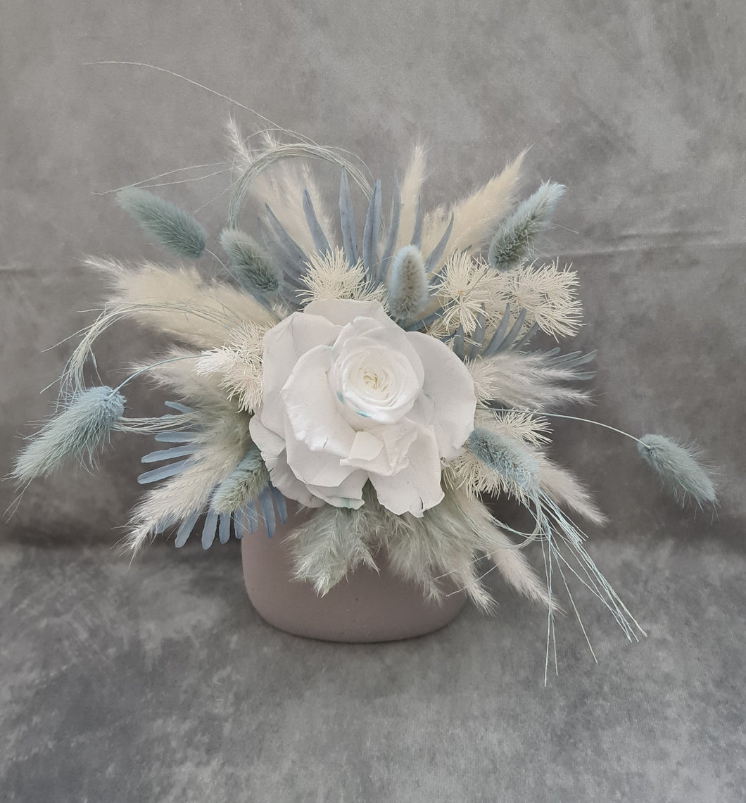 Baby blue & white preserved flowers cake topper - Christening, baptism, baby shower