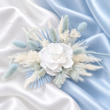 Load image into Gallery viewer, Baby blue &amp; white preserved flowers cake topper - Christening, baptism, baby shower
