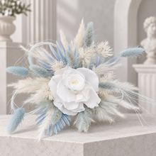 Load image into Gallery viewer, Baby blue &amp; white preserved flowers cake topper - Christening, baptism, baby shower
