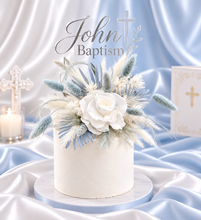 Load image into Gallery viewer, Baby blue &amp; white preserved flowers cake topper - Christening, baptism, baby shower
