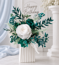 Load image into Gallery viewer, Emerald &amp; white preserved flowers cake topper
