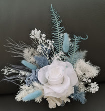 Load image into Gallery viewer, White &amp; shades of blue preserved flowers cake topper - Christening, baptism, baby shower
