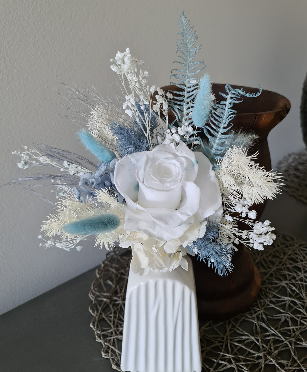 White & shades of blue preserved flowers cake topper - Christening, baptism, baby shower