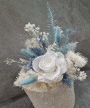 Load image into Gallery viewer, White &amp; shades of blue preserved flowers cake topper - Christening, baptism, baby shower
