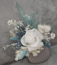 Load image into Gallery viewer, White &amp; shades of blue preserved flowers cake topper - Christening, baptism, baby shower
