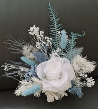 Load image into Gallery viewer, White &amp; shades of blue preserved flowers cake topper - Christening, baptism, baby shower
