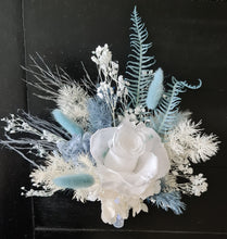 Load image into Gallery viewer, White &amp; shades of blue preserved flowers cake topper - Christening, baptism, baby shower
