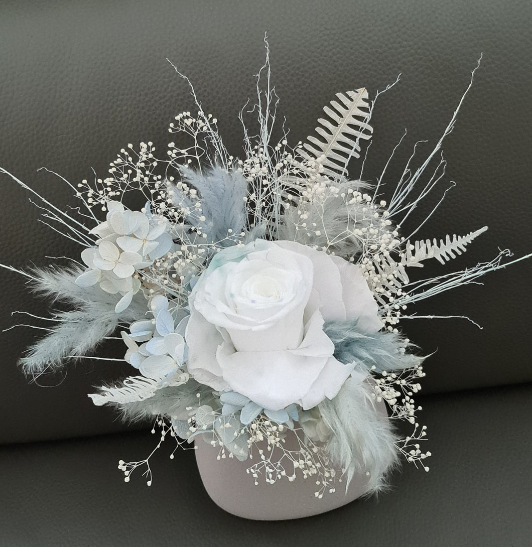 Soft blue & white preserved flowers cake topper - Christening, baptism, baby shower