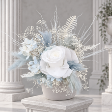 Load image into Gallery viewer, Soft blue &amp; white preserved flowers cake topper - Christening, baptism, baby shower
