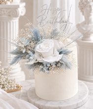 Load image into Gallery viewer, Soft blue &amp; white preserved flowers cake topper - Christening, baptism, baby shower
