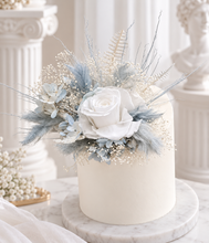 Load image into Gallery viewer, Soft blue &amp; white preserved flowers cake topper - Christening, baptism, baby shower
