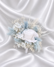 Load image into Gallery viewer, Soft blue &amp; white preserved flowers cake topper - Christening, baptism, baby shower
