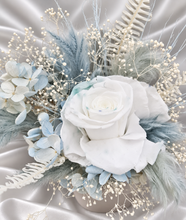 Load image into Gallery viewer, Soft blue &amp; white preserved flowers cake topper - Christening, baptism, baby shower
