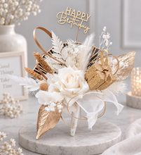 Load image into Gallery viewer, Champagne gold &amp; white Happy Birthday Floral cake topper
