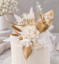 Load image into Gallery viewer, Champagne gold &amp; white Happy Birthday Floral cake topper
