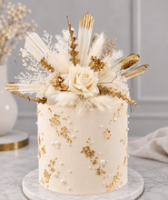 Load image into Gallery viewer, Floral Cake topper in white &amp; champagne gold
