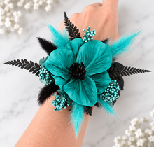 Load image into Gallery viewer, Emerald &amp; Black Everlasting flowers Corsage w Anemone - School Prom / Formal
