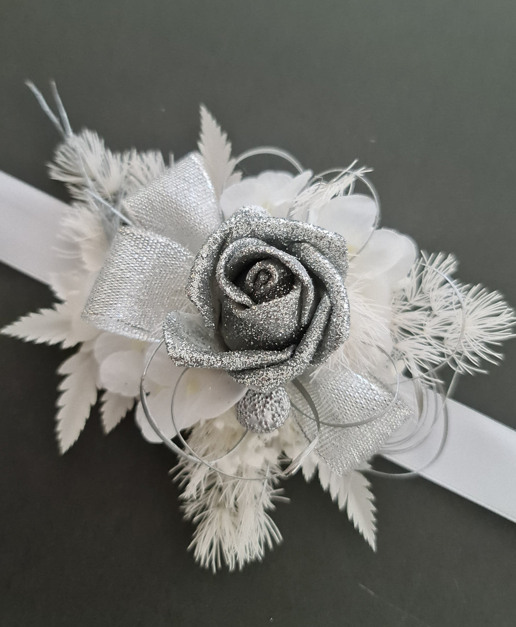 Silver & white Everlasting flowers corsage  - School Formal / Prom