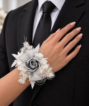 Load image into Gallery viewer, Silver &amp; white Everlasting flowers corsage  - School Formal / Prom
