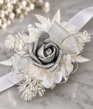Load image into Gallery viewer, Silver &amp; white Everlasting flowers corsage  - School Formal / Prom
