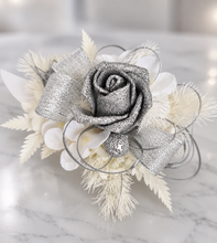 Load image into Gallery viewer, Silver &amp; white Everlasting flowers corsage  - School Formal / Prom
