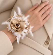 Load image into Gallery viewer, White &amp; Champagne Gold Everlasting flowers corsage - School Formal / Prom
