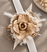 Load image into Gallery viewer, White &amp; Champagne Gold Everlasting flowers corsage - School Formal / Prom
