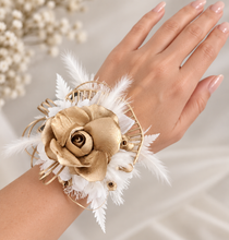 Load image into Gallery viewer, White &amp; Champagne Gold Everlasting flowers corsage - School Formal / Prom

