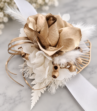 Load image into Gallery viewer, White &amp; Champagne Gold Everlasting flowers corsage - School Formal / Prom
