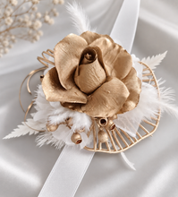Load image into Gallery viewer, White &amp; Champagne Gold Everlasting flowers corsage - School Formal / Prom
