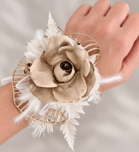 Load image into Gallery viewer, White &amp; Champagne Gold Everlasting flowers corsage - School Formal / Prom
