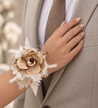 Load image into Gallery viewer, White &amp; Champagne Gold Everlasting flowers corsage - School Formal / Prom
