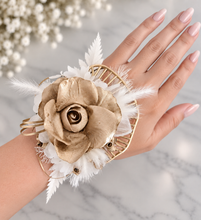 Load image into Gallery viewer, White &amp; Champagne Gold Everlasting flowers corsage - School Formal / Prom
