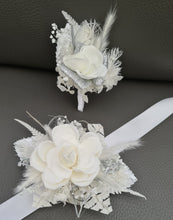 Load image into Gallery viewer, Corsage &amp; Buttonhole set - White &amp; Silver - School Formal / Prom
