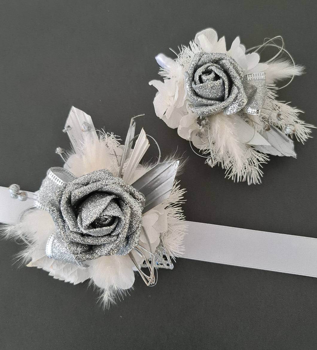 Silver & White Corsage and buttonhole set - School Formal / Prom