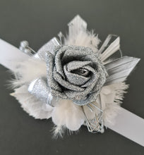 Load image into Gallery viewer, Silver &amp; White Corsage and buttonhole set - School Formal / Prom
