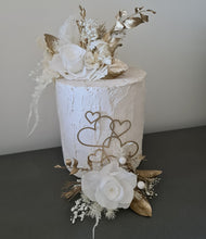 Load image into Gallery viewer, Double Preserved flowers white &amp; gold cake topper w hearts – Wedding, engagement, anniversary
