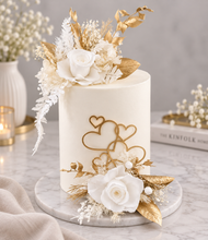 Load image into Gallery viewer, Double Preserved flowers white &amp; gold cake topper w hearts – Wedding, engagement, anniversary
