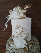 Load image into Gallery viewer, Double Preserved flowers white &amp; gold cake topper w hearts – Wedding, engagement, anniversary
