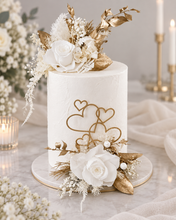 Load image into Gallery viewer, Double Preserved flowers white &amp; gold cake topper w hearts – Wedding, engagement, anniversary
