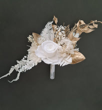 Load image into Gallery viewer, Double Preserved flowers white &amp; gold cake topper w hearts – Wedding, engagement, anniversary

