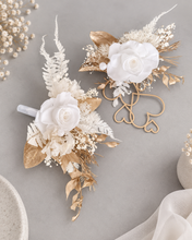 Load image into Gallery viewer, Double Preserved flowers white &amp; gold cake topper w hearts – Wedding, engagement, anniversary
